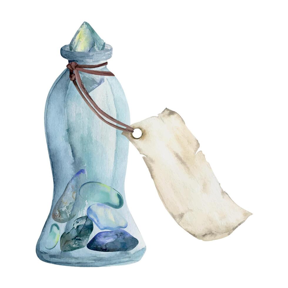 Hand drawn watercolor sea witch altar objects. Glass vial jar blank tag, filled with precious stones. Composition isolated on white background. Design for print, shop, medicine, chemistry, alchemy vector