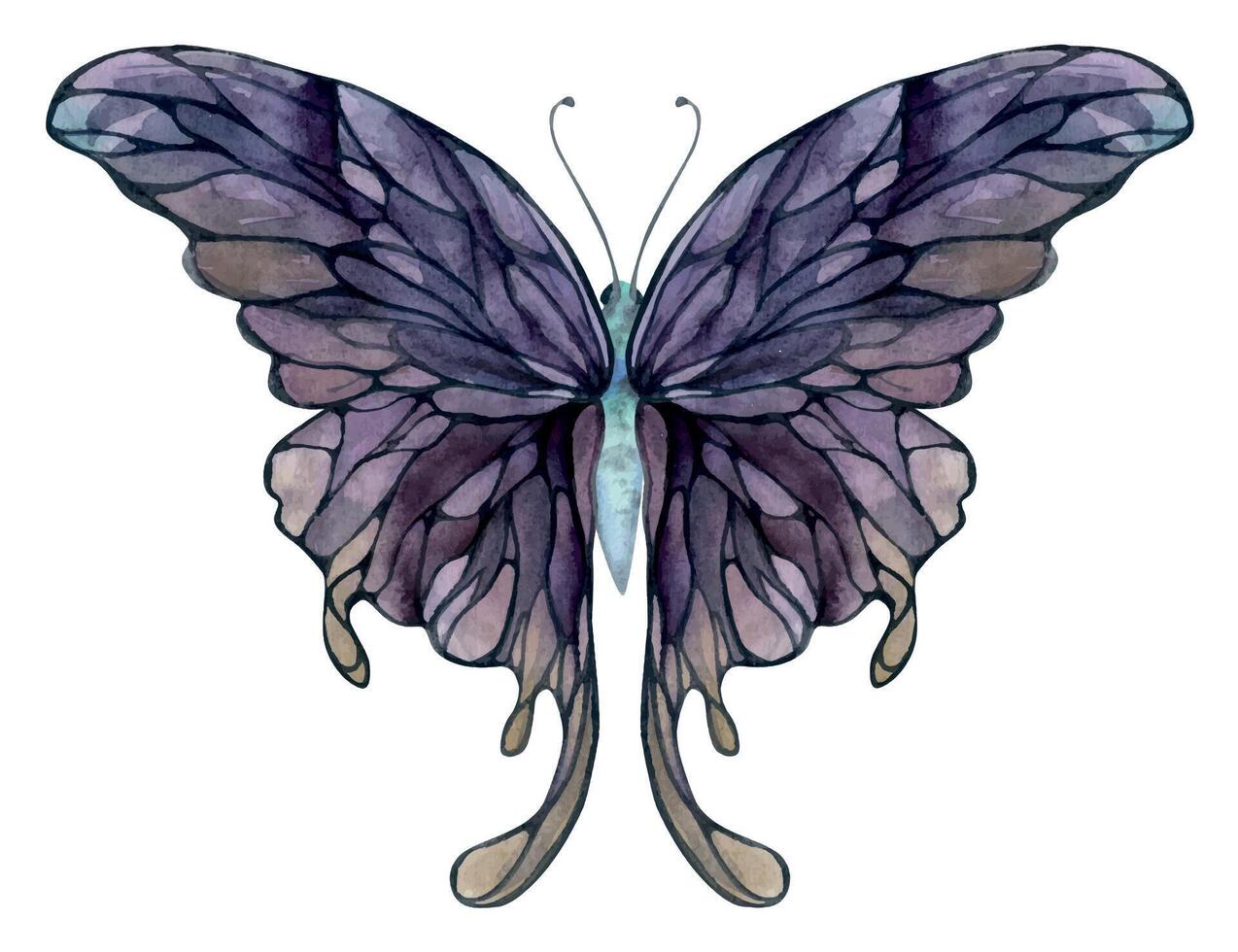 Hand drawn watercolor illustration butterfly fairy wings gem crystal insect moth. Amethyst charoite fluorite ametrine. Single object isolated on white background. Design print, shop, wedding, birthday vector