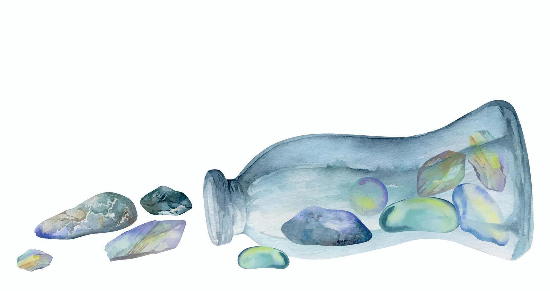 Hand drawn watercolor illustration sea witch altar objects. Glass vial jar bottle gems precious stones. Composition isolated on white background. Design print, shop, magic, medicine, chemistry alchemy vector