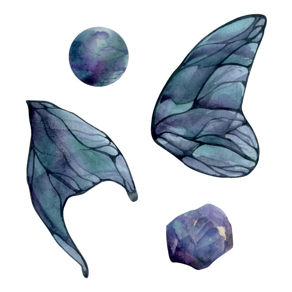 Hand drawn watercolor illustration butterfly fairy wings gem crystal insect moth. Amethyst charoite fluorite ametrine. Set of objects isolated white background. Design print, shop, wedding, birthday vector