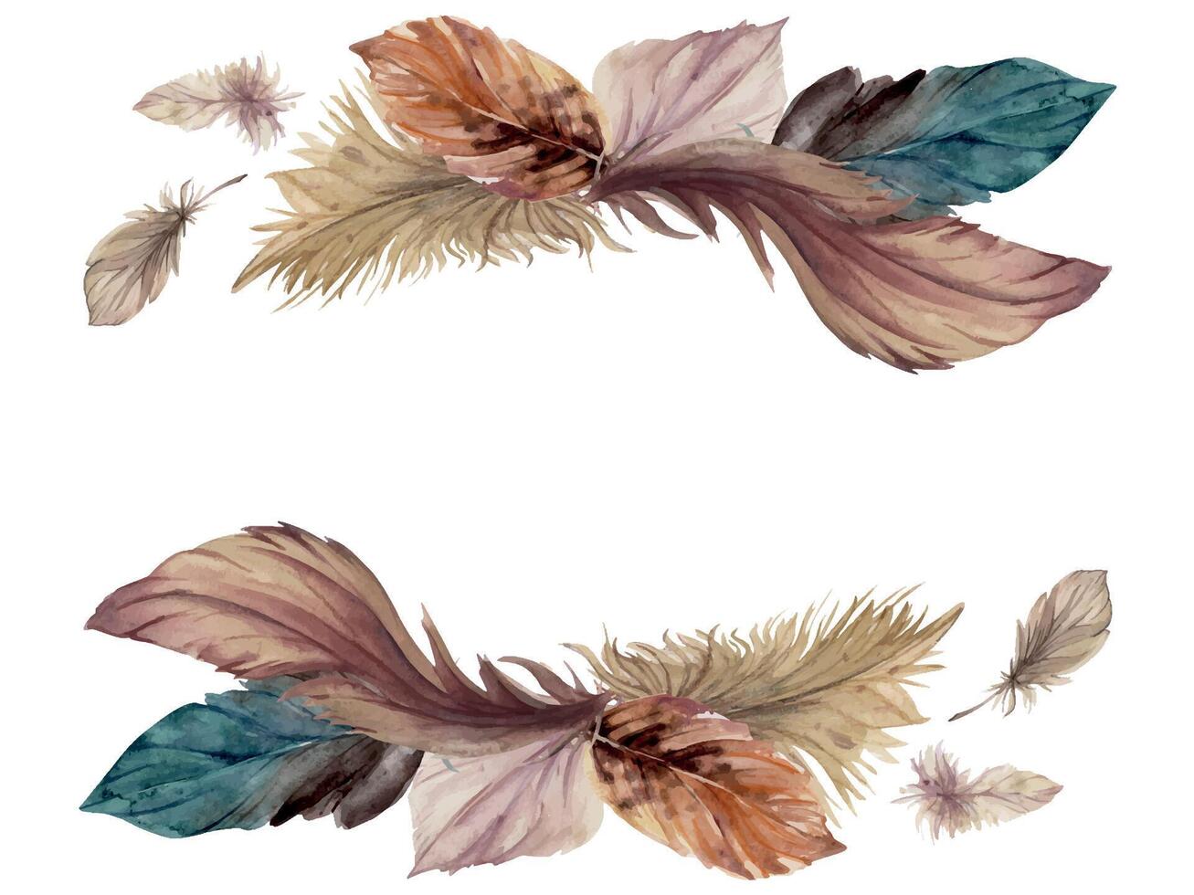 Hand drawn watercolor bird feather plume quill boho tribal ethnic indian brown. Horizontal frame isolated on white background. Design charm, amulet, dreamcatcher, scrapbooking, handmade craft, tattoo vector