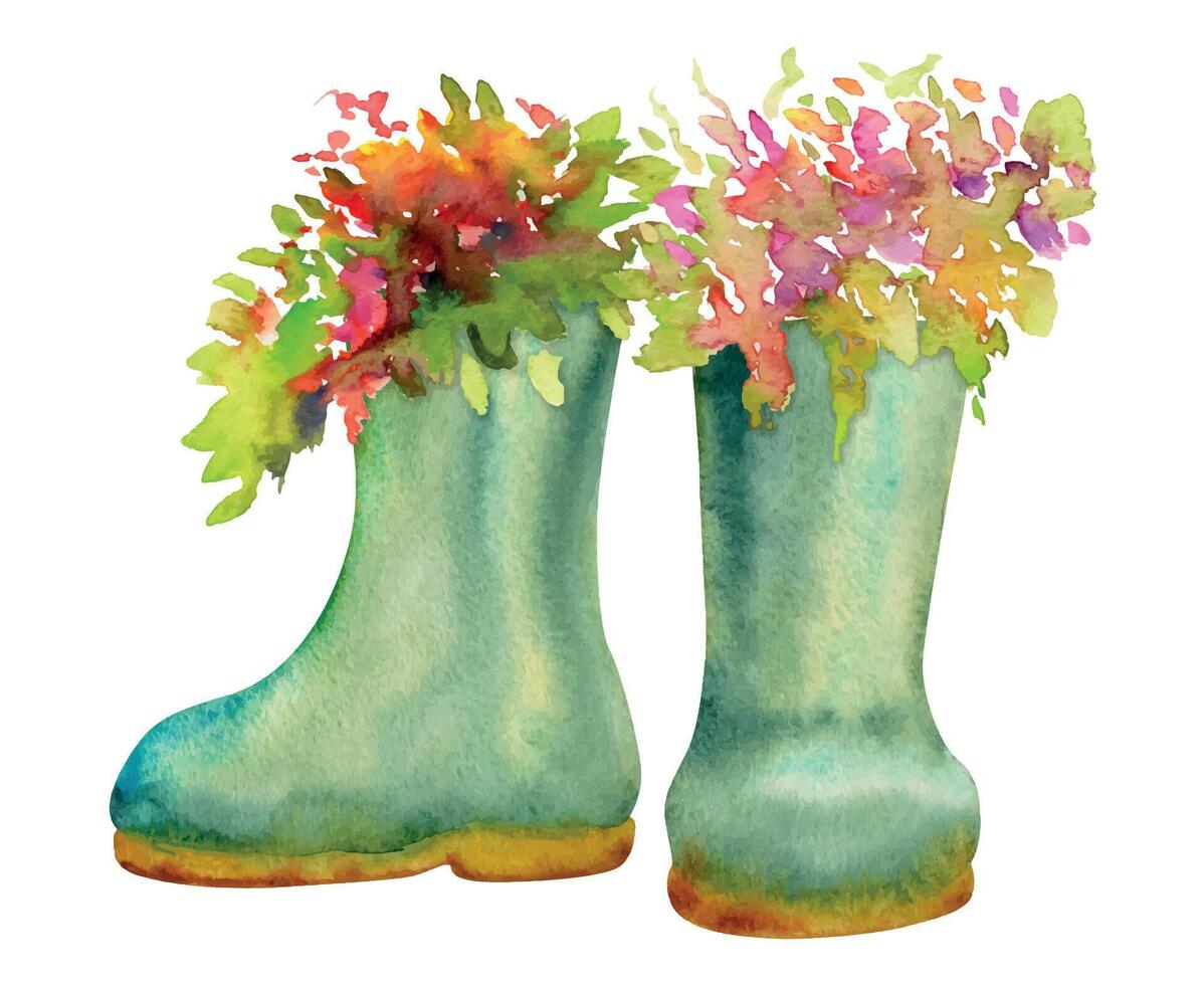 Hand drawn watercolor illustration spring gardening shoes, green rubber boots with flowers and leaves. Composition isolated on white background. Design print, shop, scrapbooking, packaging, decoupage vector