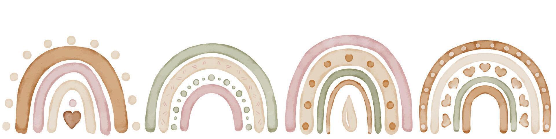 Boho Rainbow watercolor seamless Border. Illustration for Baby wallpaper or Frame. Hand drawn backdrop in Scandinavian style for nursery room on isolated backdrop. Cute pastel drawing vector