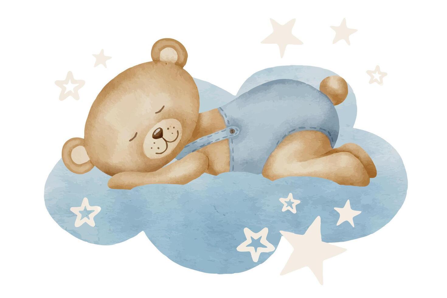 Cute little Teddy Bear sleeping on cloud with stars. Hand drawn watercolor illustration of animal toy for Baby shower greeting cards or invitations. Childish drawing for nursery design or kids vector