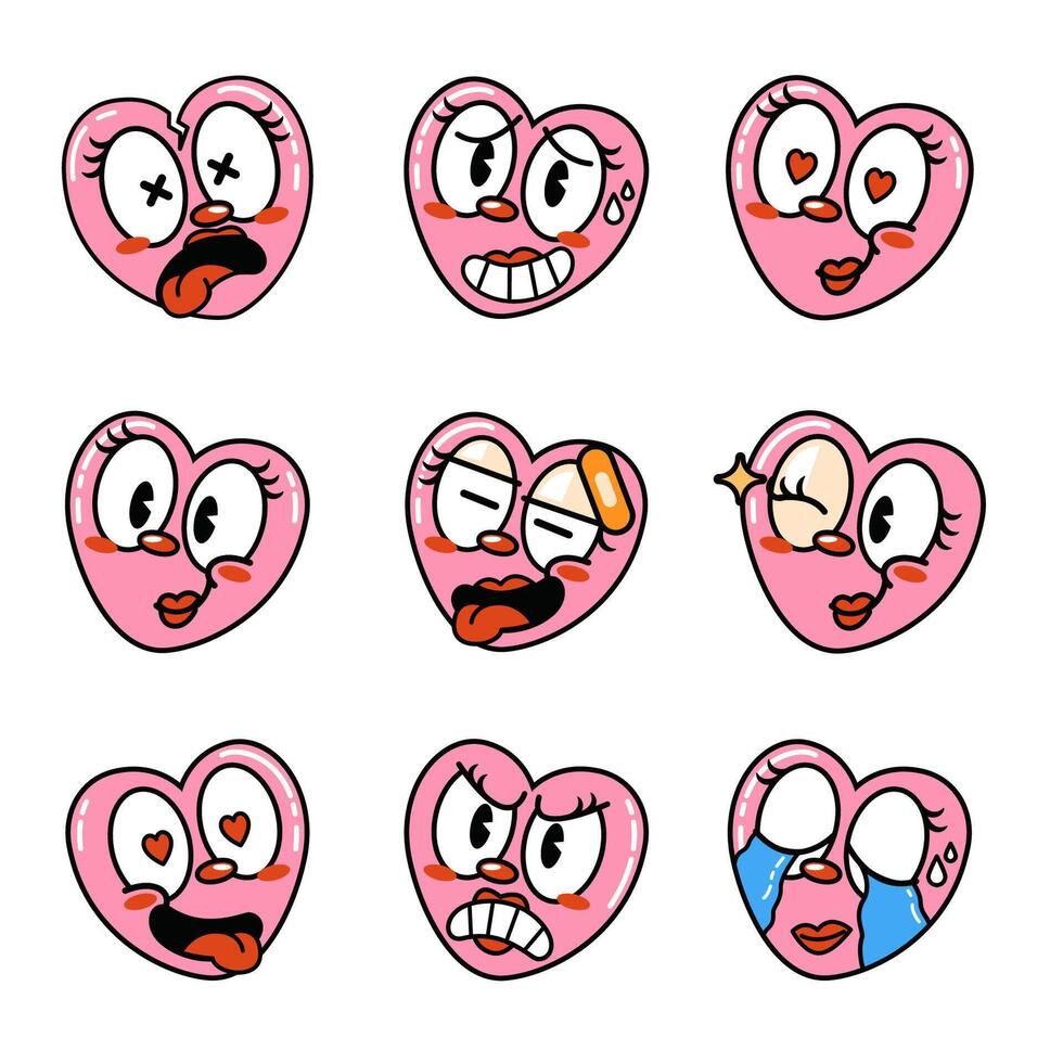 Set of cute heart emoticons in cartoon style. Vector illustration.