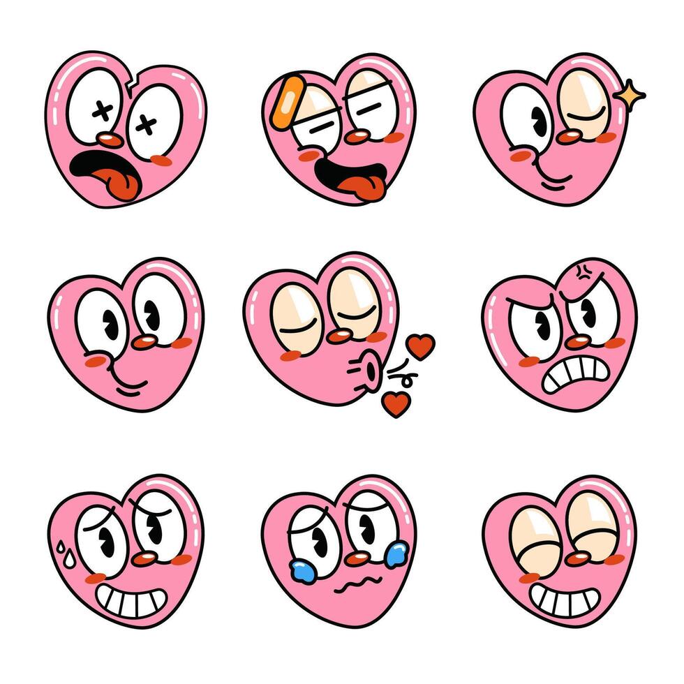 Set of cute heart emoticons in cartoon style. Vector illustration.