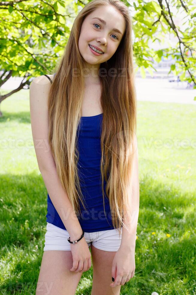 Healthy, beautiful smile, the child to the dentist.Portrait of a little girl with orthodontic appliance . photo