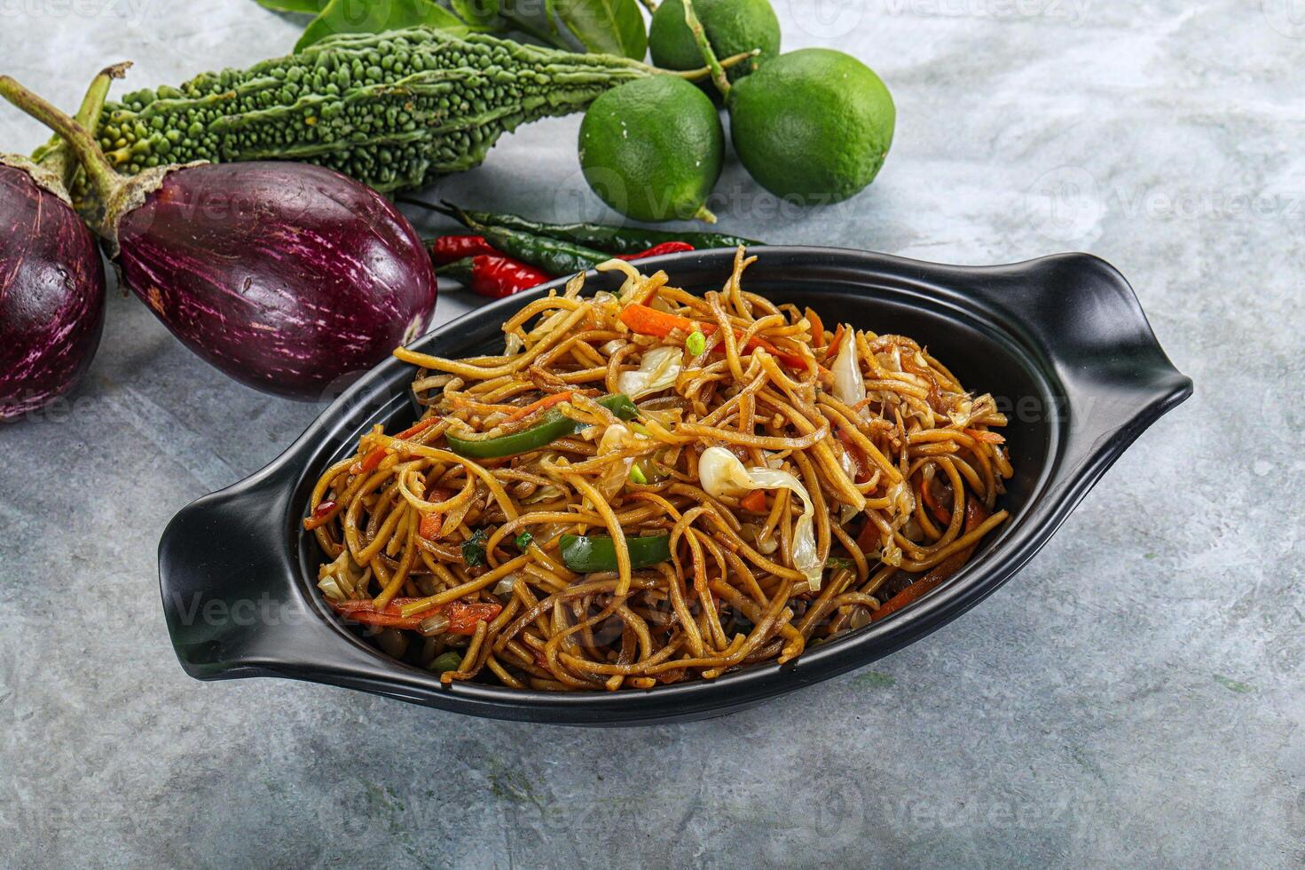 Stir fried noodles with vegetables photo
