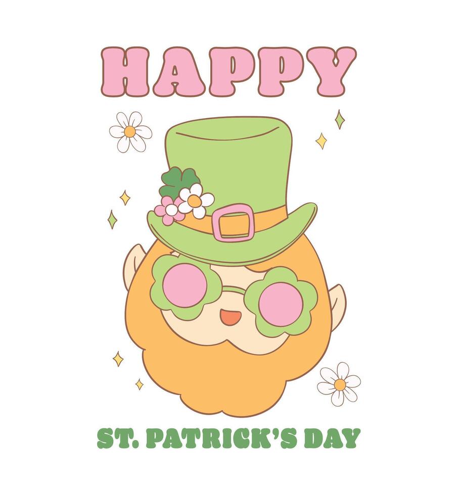 Groovy st patrick's day, happy leprechaun face cartoon doodle drawing. vector