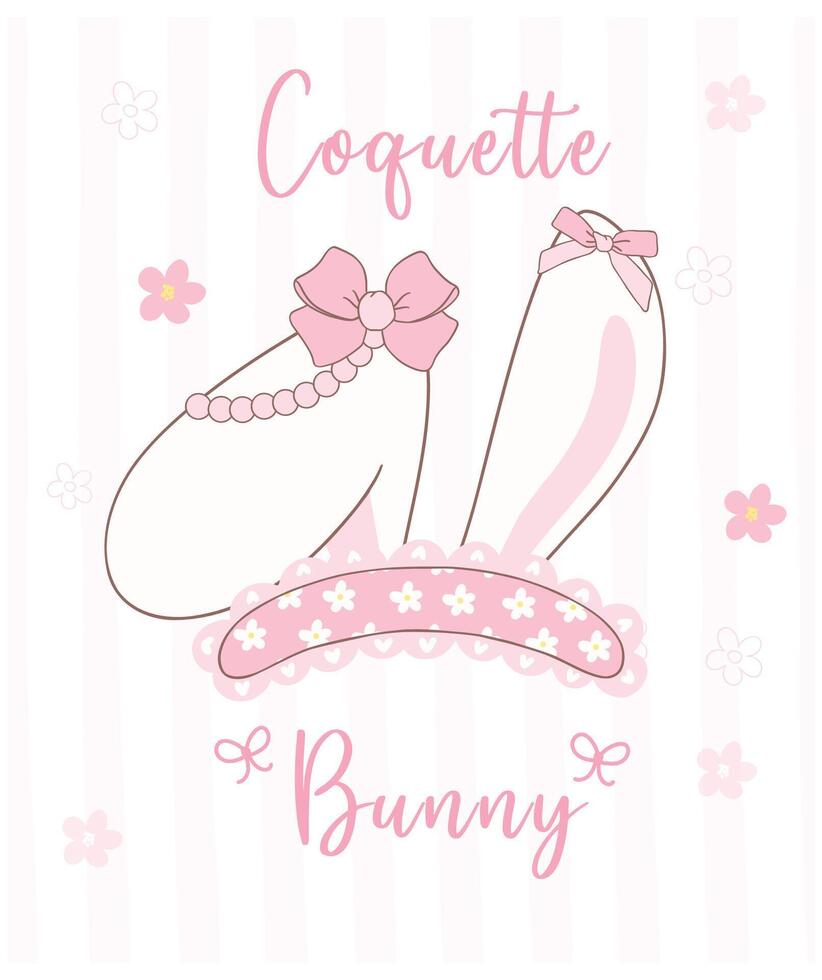 Cute Coquette bunny ears with bow Cartoon, sweet Retro Happy Easter spring animal. vector