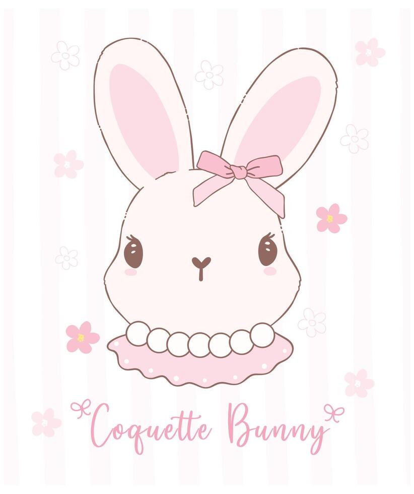 Cute Coquette bunny face with bow and carrot Cartoon, sweet Retro Happy Easter spring animal. vector