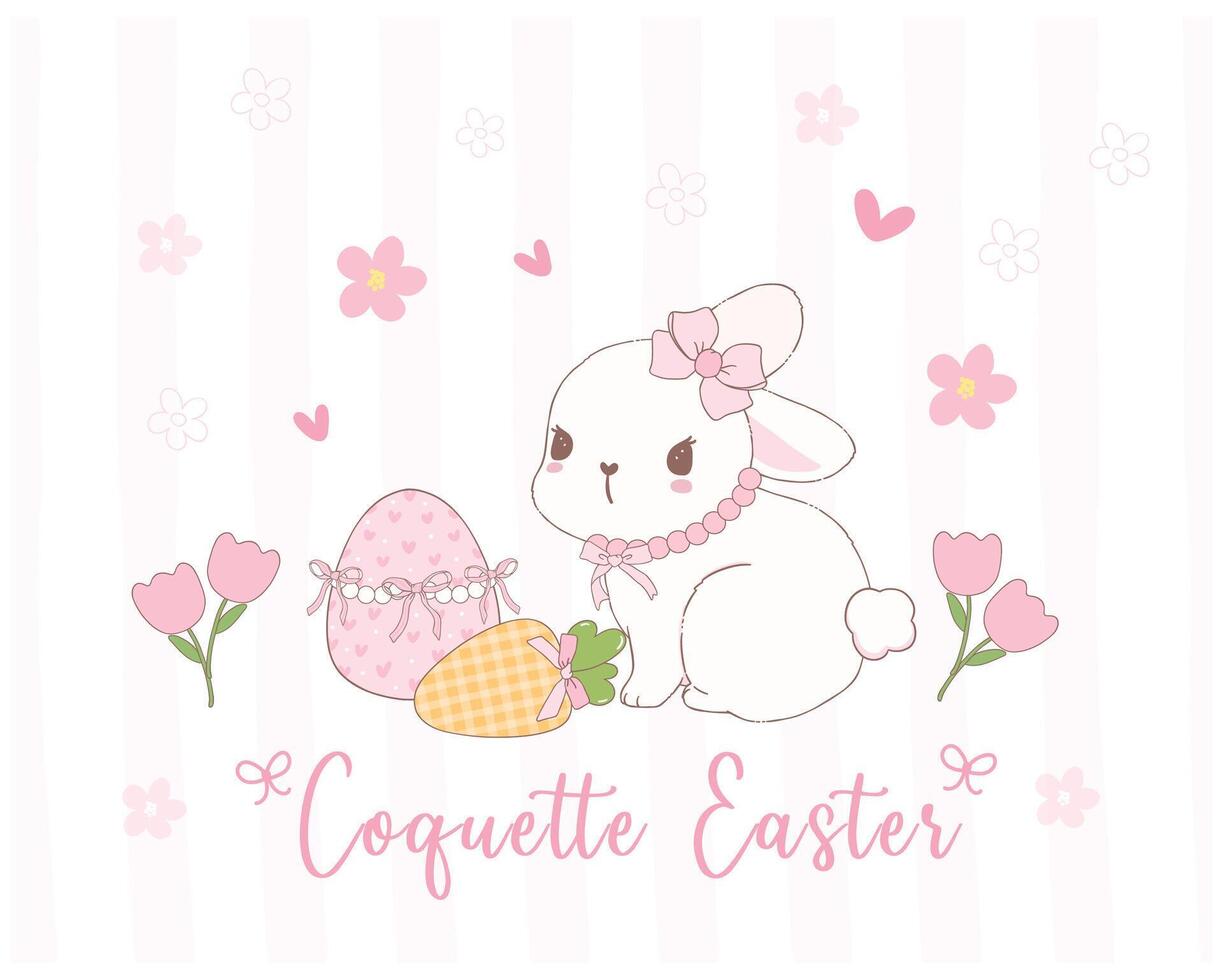 Cute Coquette Easter bunny with bow and carrot Cartoon, sweet Retro Happy Easter spring animal. vector
