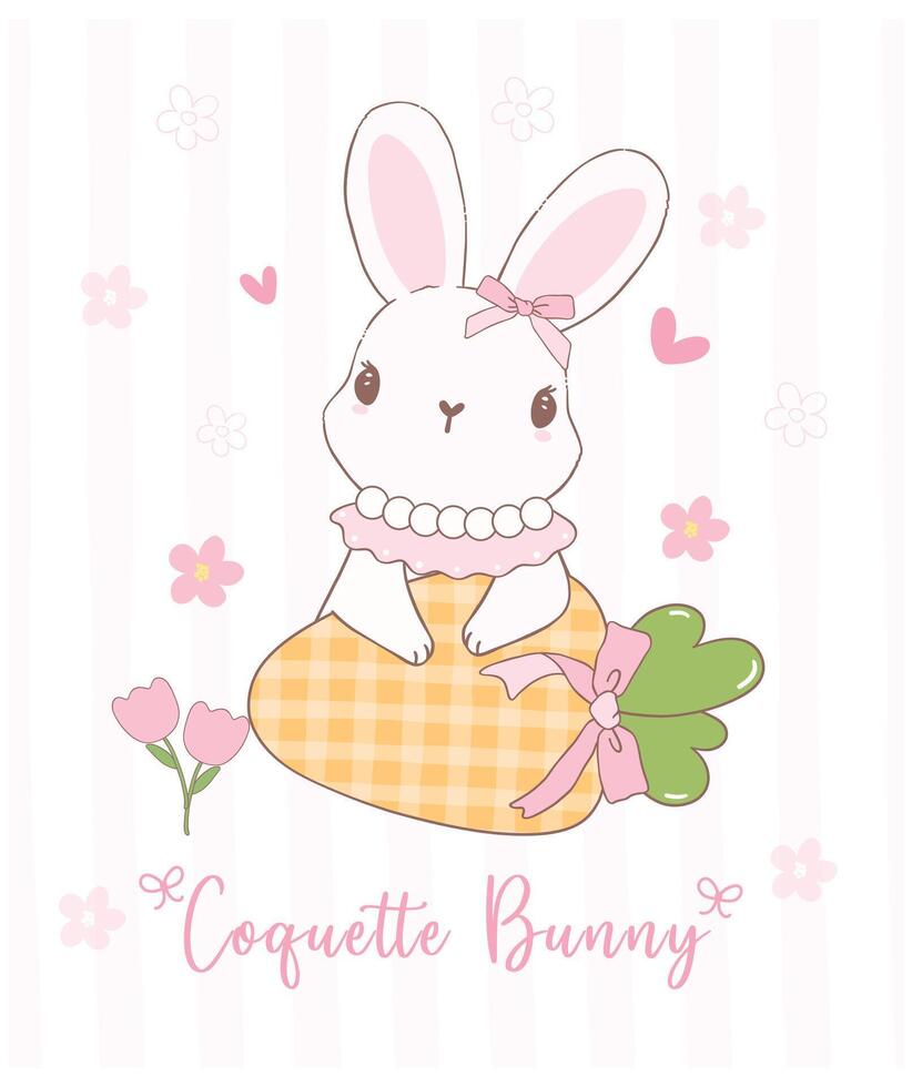 Cute Coquette bunny with bow and carrot Cartoon, sweet Retro Happy Easter spring animal. vector