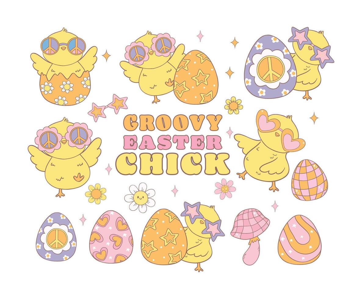 Cute Groovy Easter Chick collection, Playful Festive Holiday cartoon doodle animal hand drawing set. vector