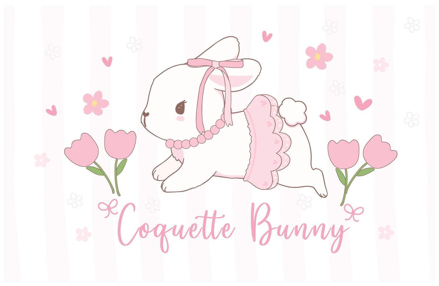 Cute Coquette bunnies with bow and tulip flowers Cartoon banner, sweet Retro Happy Easter spring animal. vector
