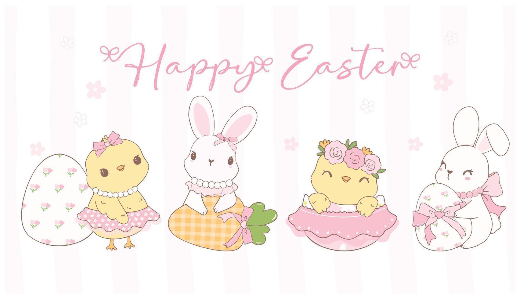 Cute Pink Coquette Easter bunnies and Chicks with Easter eggs Cartoon banner, sweet Retro Happy Easter spring animal Hand Drawing. vector