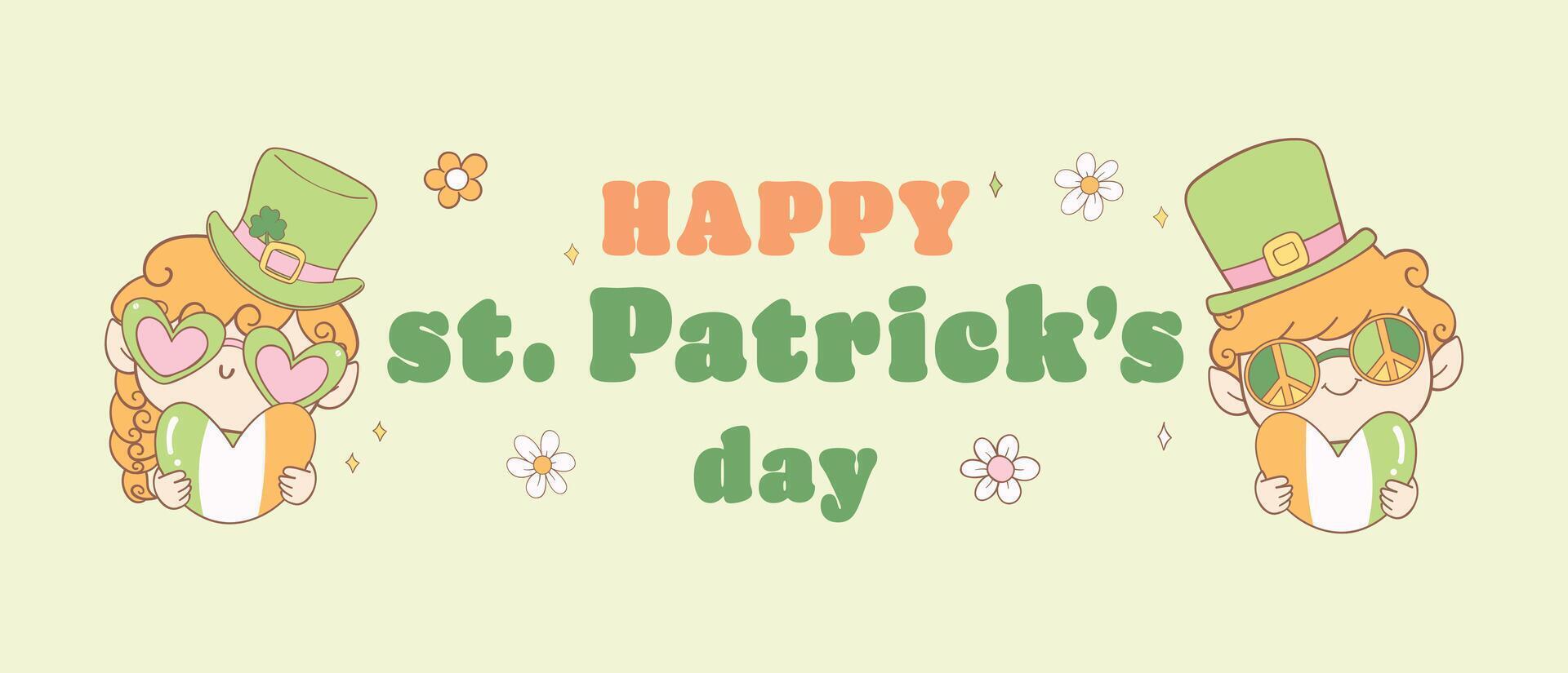 Groovy st patrick's day banner, cute happy leprechauns hold heart cartoon doodle drawing. vector