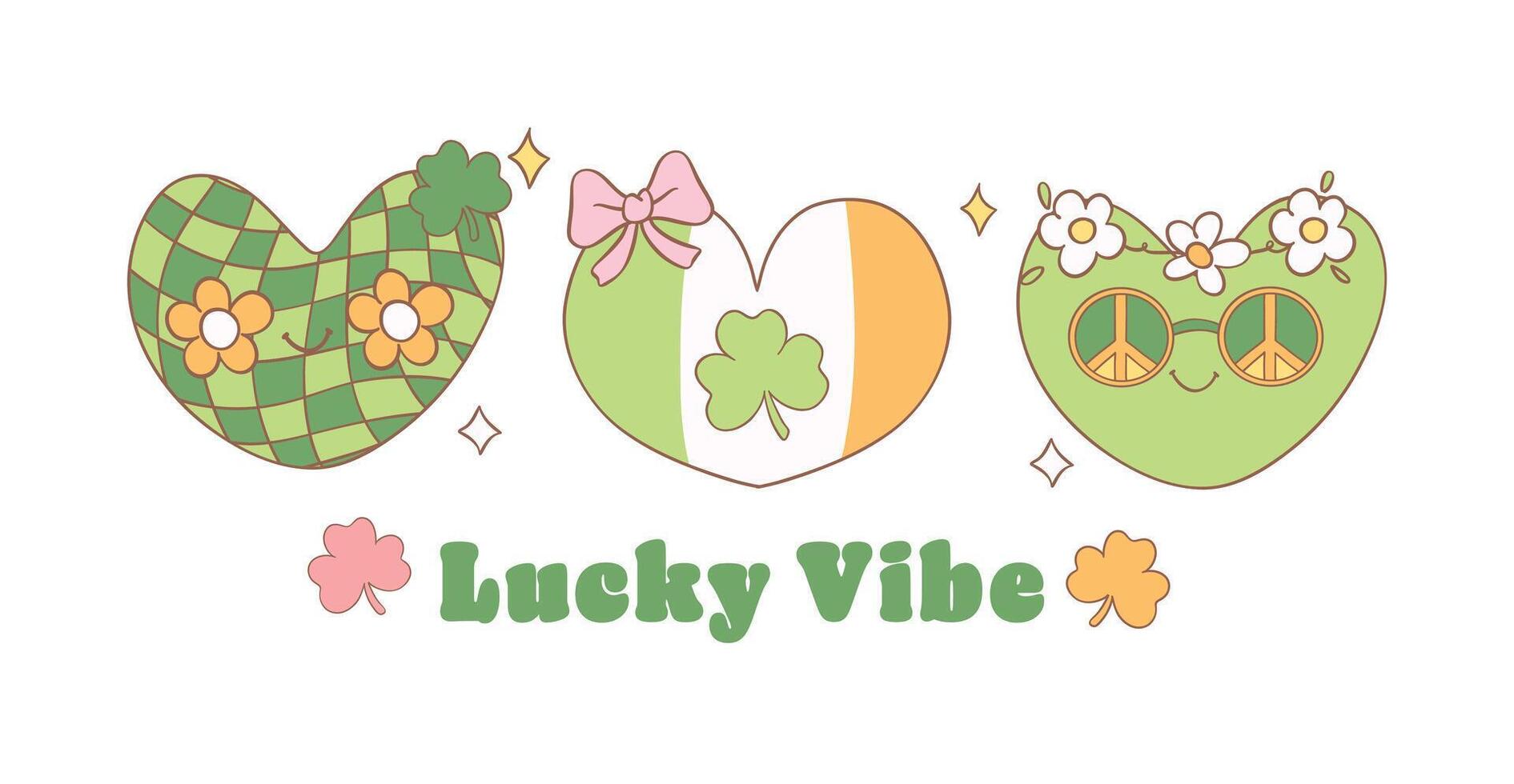 Groovy st patrick's day banner, cute disco heart shape with clover leaf group cartoon doodle drawing. vector
