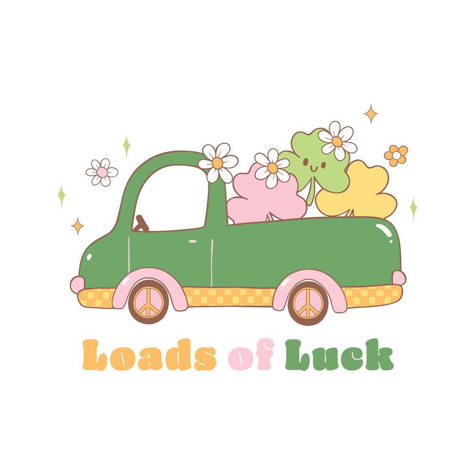 Loads of luck, Groovy st patrick's day car with clover leaves cartoon doodle drawing. vector