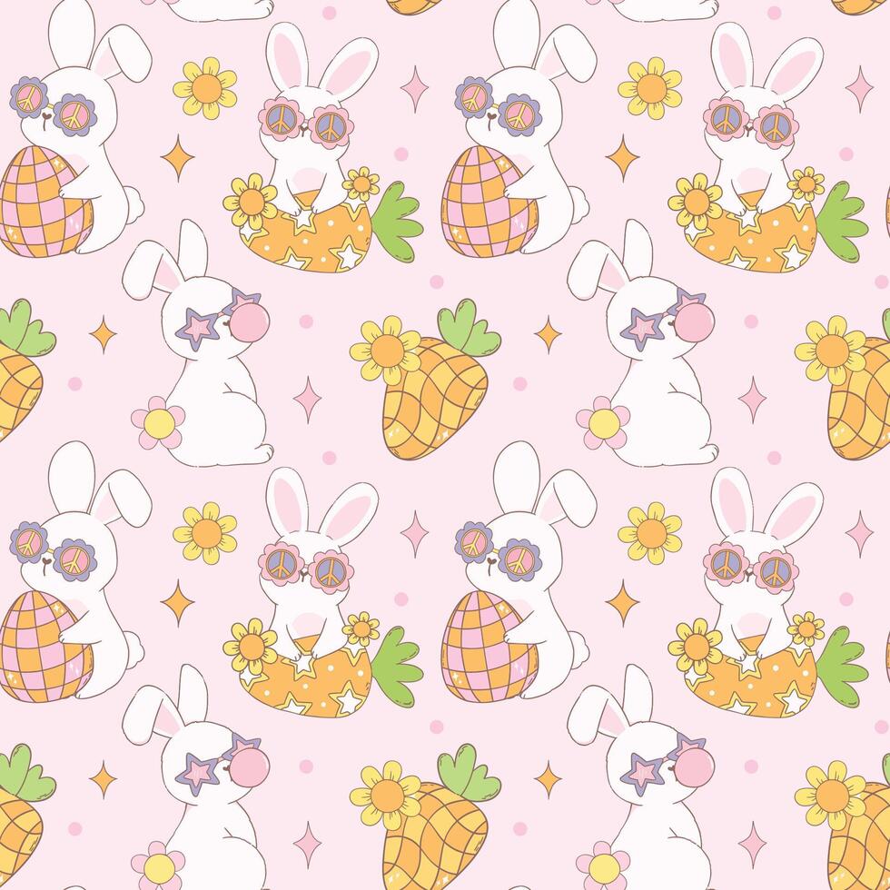 Groovy Easter Pattern Seamless retro disco bunny Playful animal doodle drawing isolated on background. vector