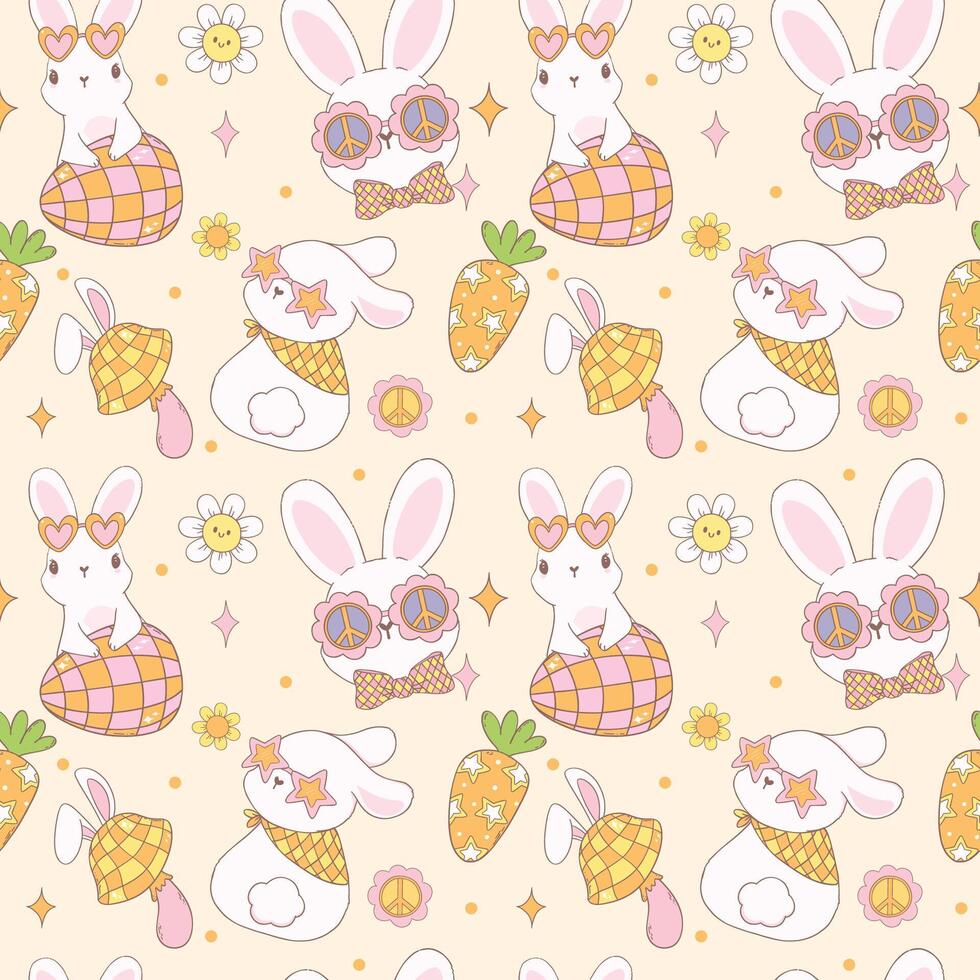 Groovy Easter Pattern Seamless retro disco bunny Playful animal doodle drawing isolated on background. vector