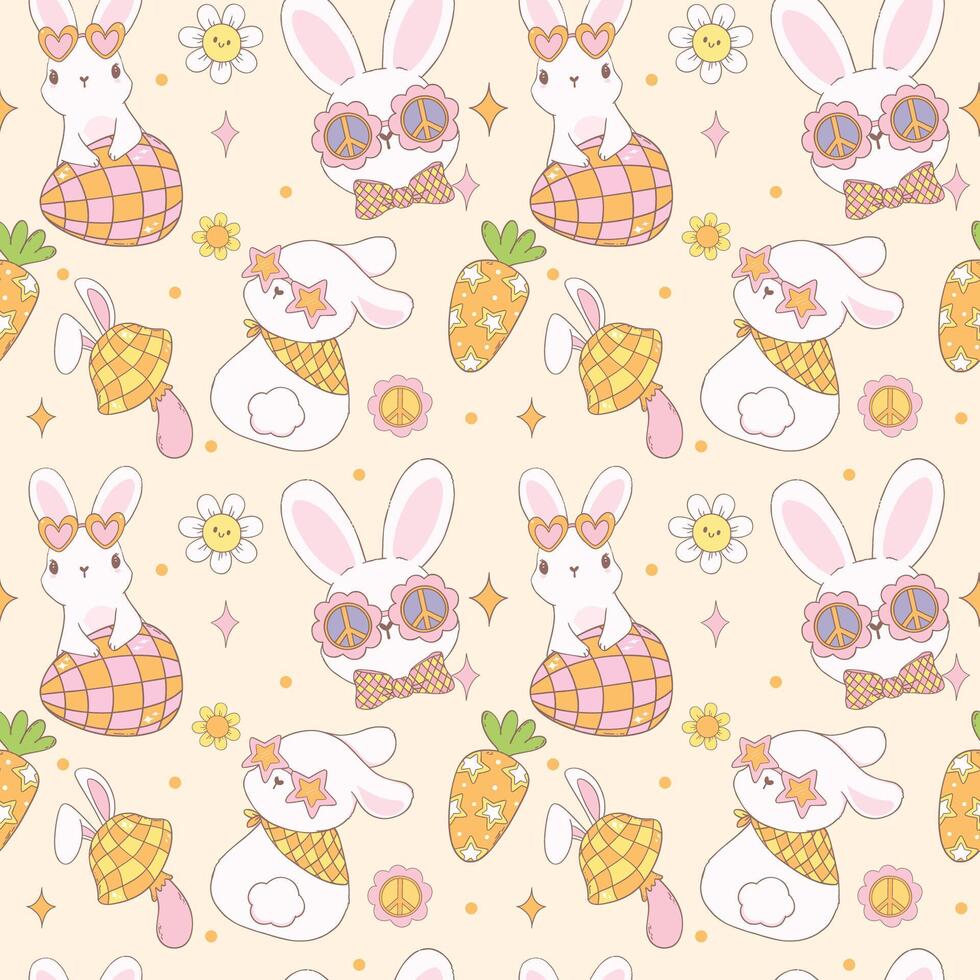 Groovy Easter Pattern Seamless retro disco bunny Playful animal doodle drawing isolated on background. vector