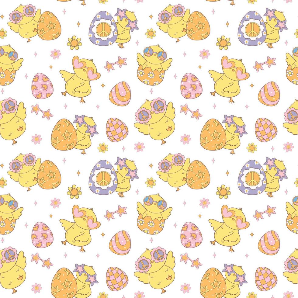 Festive Groovy Easter Pattern Seamless retro Chick collection in Playful animal doodle drawing isolated on white background. vector