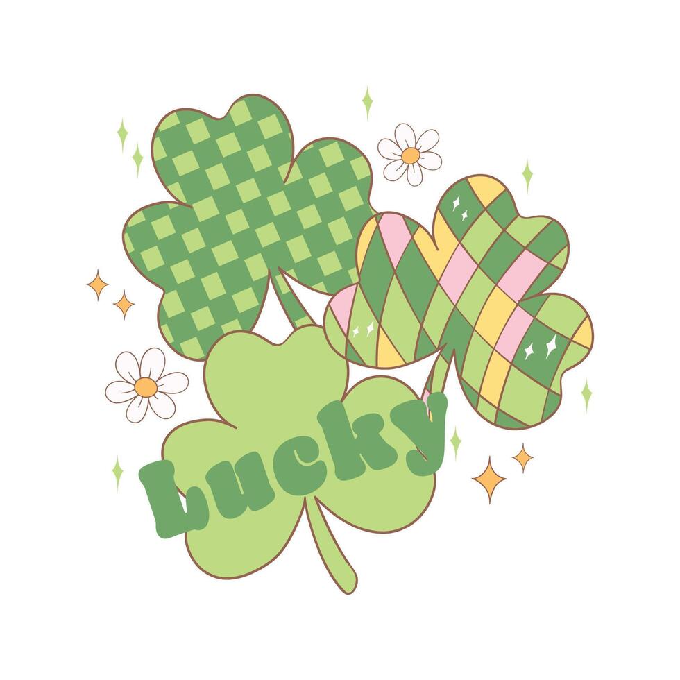 Loads of luck, Groovy st patrick's day clover leaves with lucky shamrock cartoon doodle drawing. vector