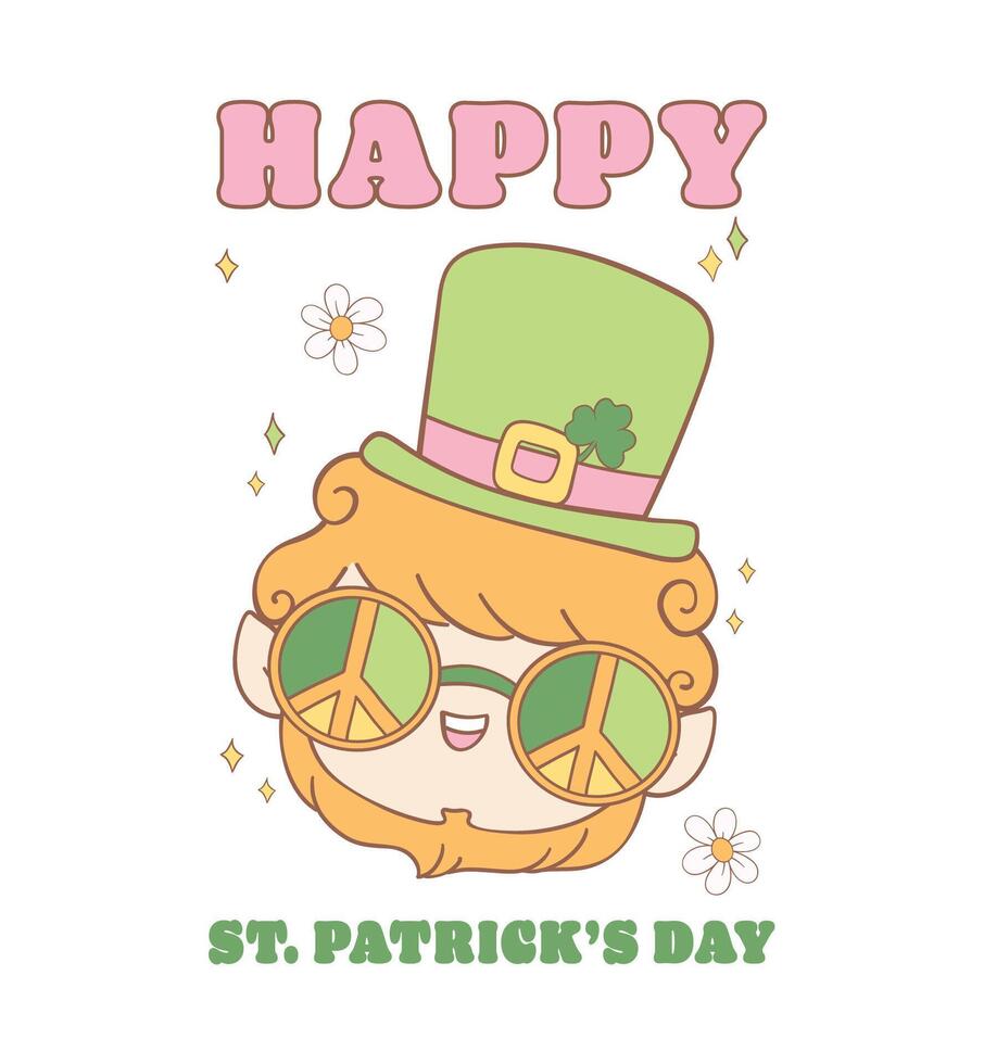 Groovy st patrick's day, happy leprechaun face cartoon doodle drawing. vector