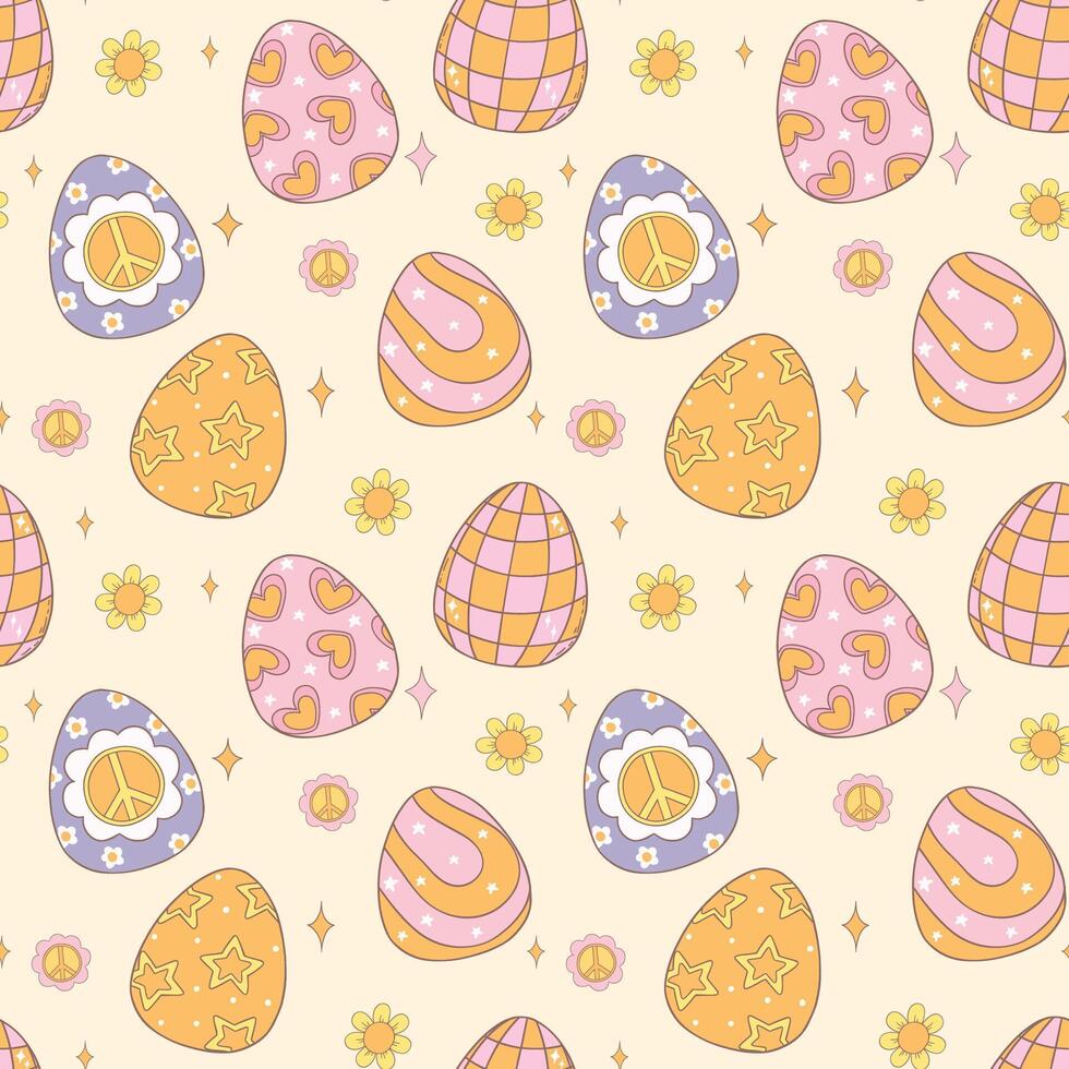 Festive Groovy Easter Pattern Seamless retro Easter Eggs in retro doodle drawing isolated on background. vector