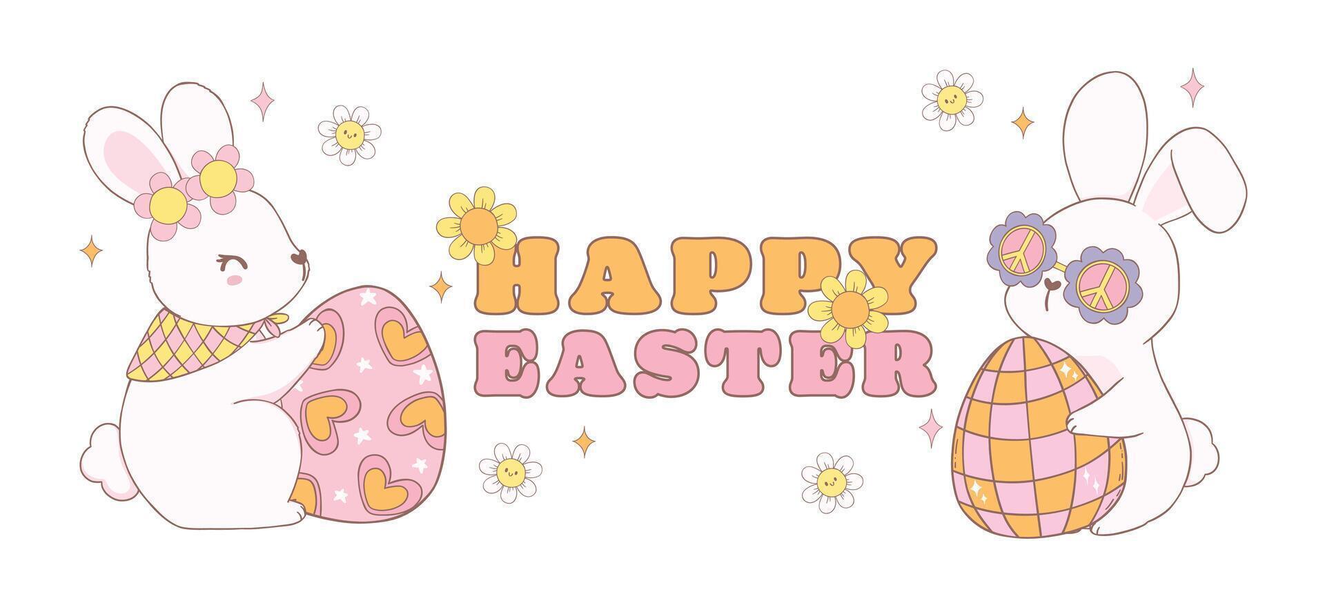 Cute Two Happy Groovy Easter bunnies with disco easter egg. Playful cartoon doodle animal hand drawing. vector