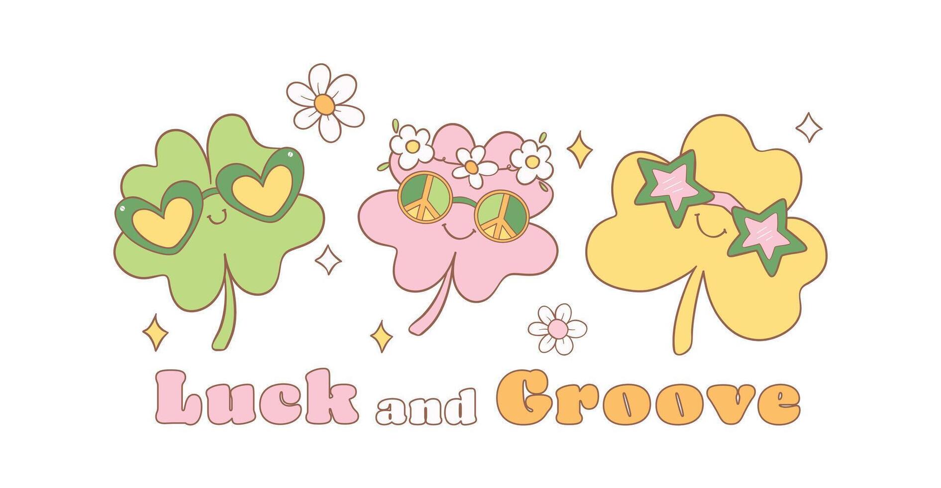 Groovy st patrick's day banner, cute disco clover leaves shamrock group cartoon doodle drawing. vector