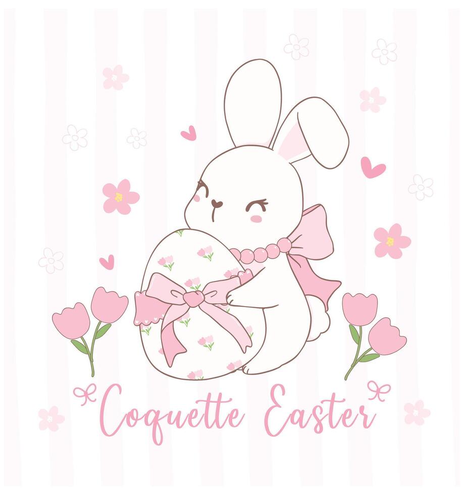 Cute Coquette bunnies with bow and easter egg Cartoon, sweet Retro Happy Easter spring animal. vector