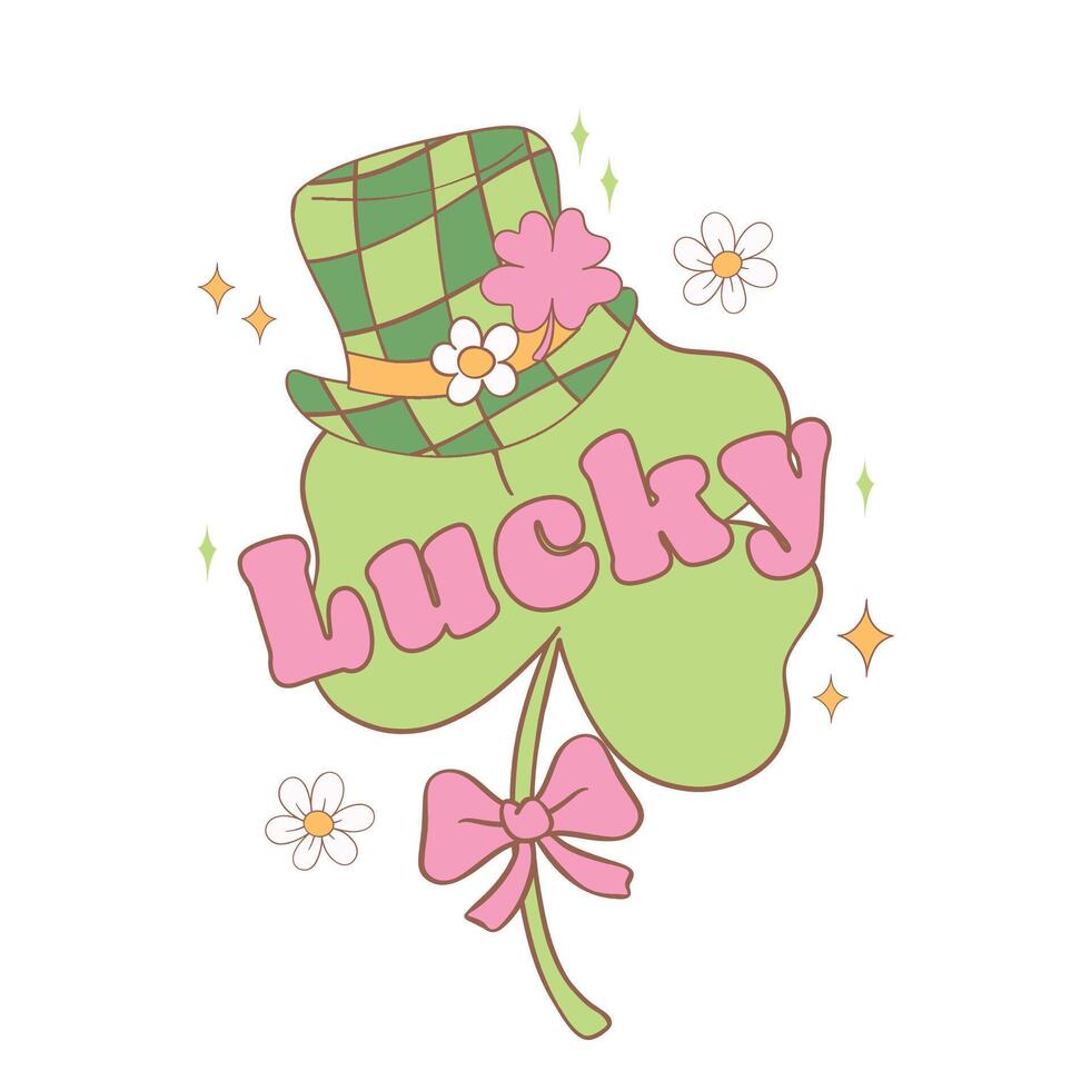 Groovy st patrick's day lucky clover leaf with hat cartoon doodle drawing. vector