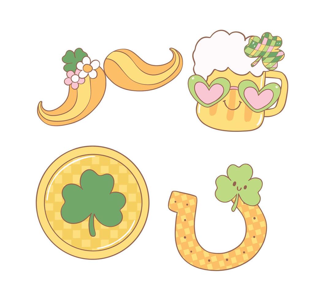 Groovy st patrick's day elements with leprechuan, beeer, horseshoe, coin cartoon doodle drawing. vector