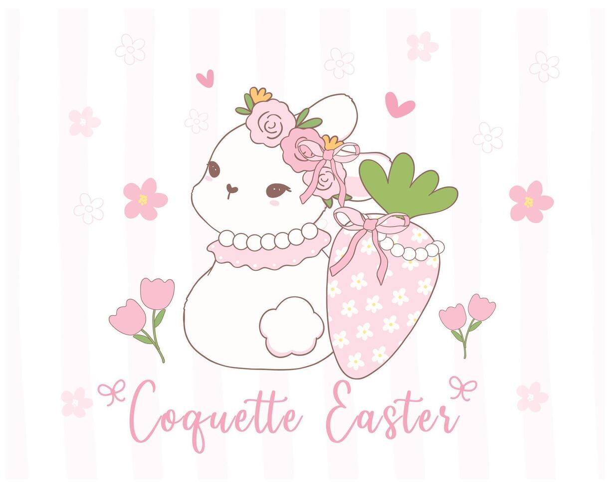Cute Coquette Easter bunny with bow and carrot Cartoon, sweet Retro Happy Easter spring animal. vector