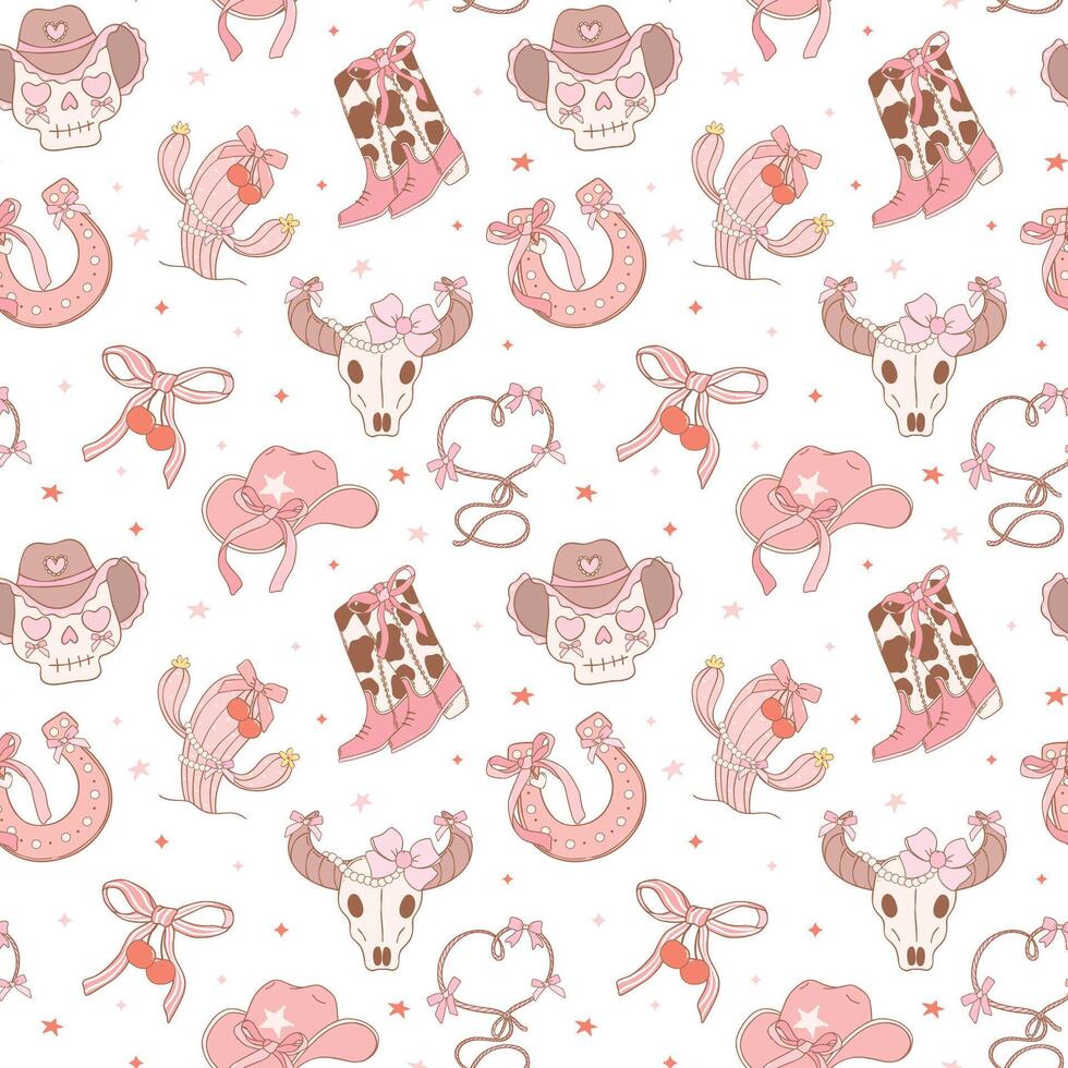 Coquette Seamless Pattern Cowgirl, Girly Western Digital Paper isolated on white background. vector
