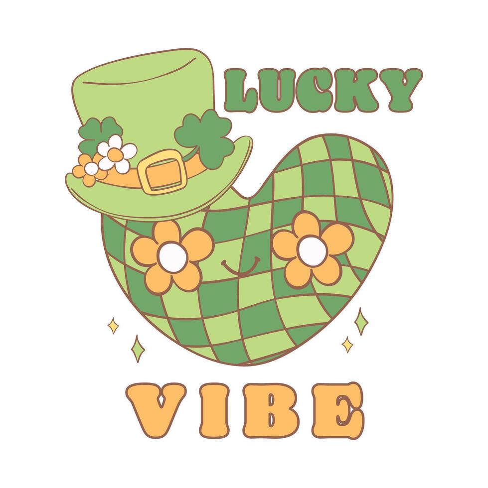 Groovy st patrick's day, green disco heart with hat and clover leaf cartoon doodle drawing. vector
