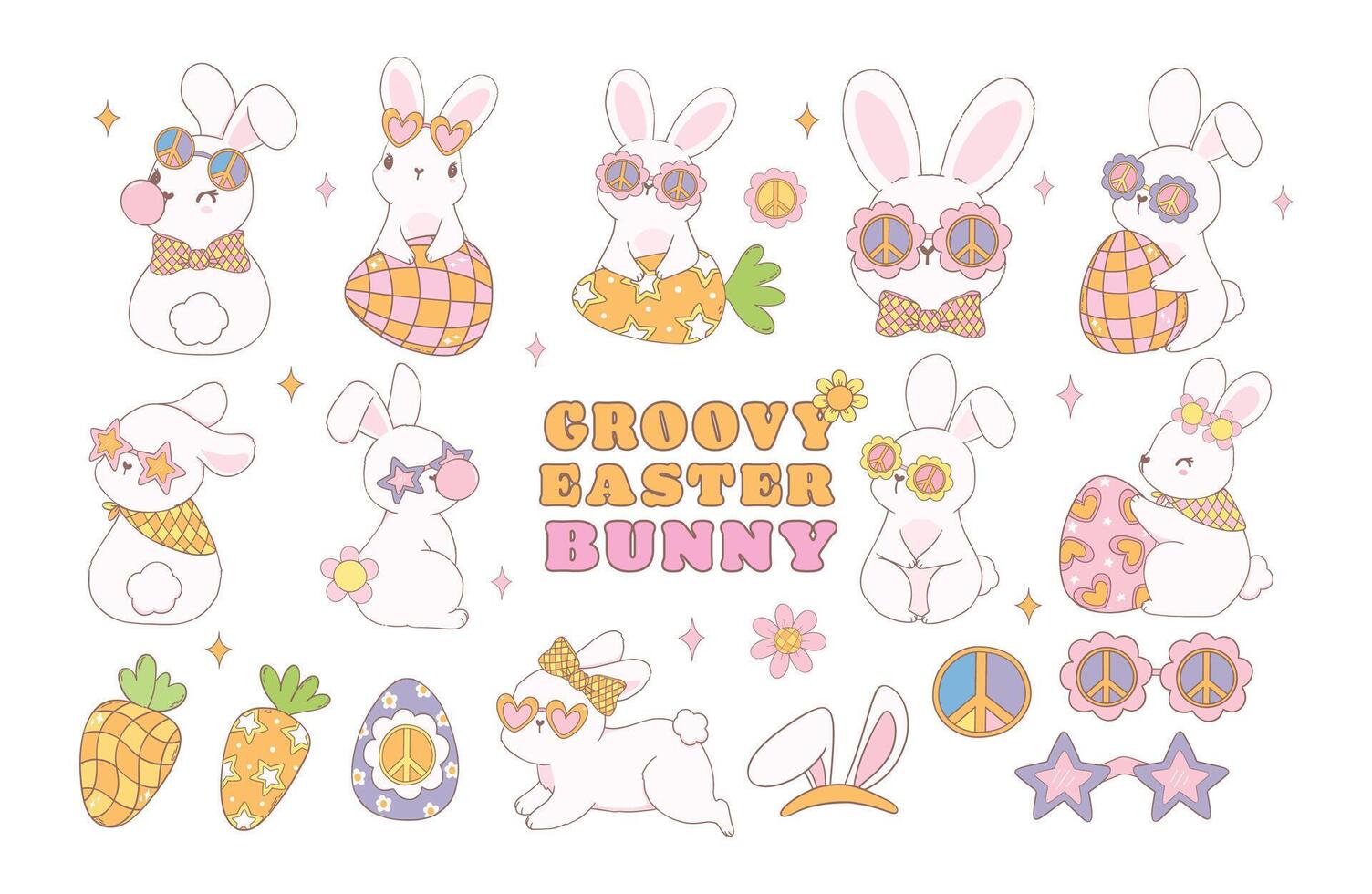 Cute Groovy Easter Bunny collection, Playful cartoon doodle animal hand drawing set. vector