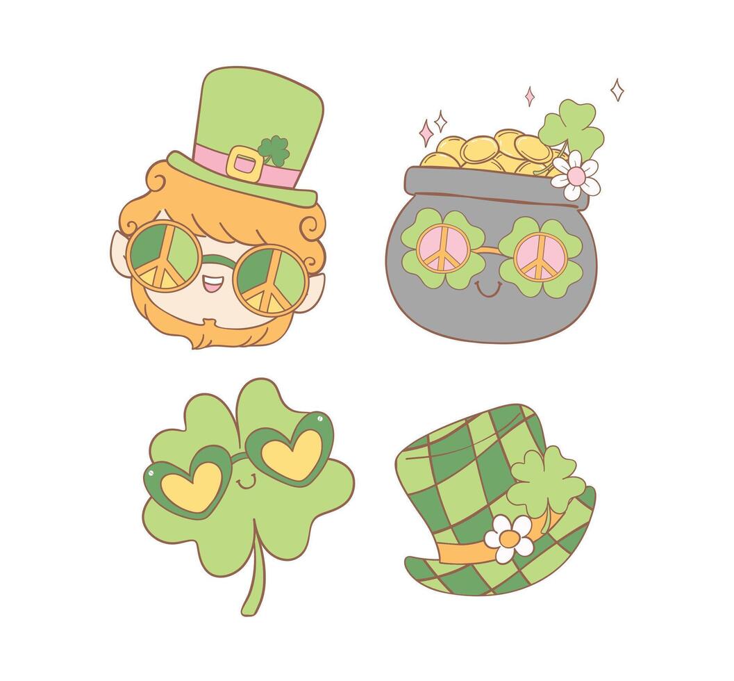 Groovy st patrick's day elements with leprechuan, pot of coin, clover leaf and hat cartoon doodle drawing. vector