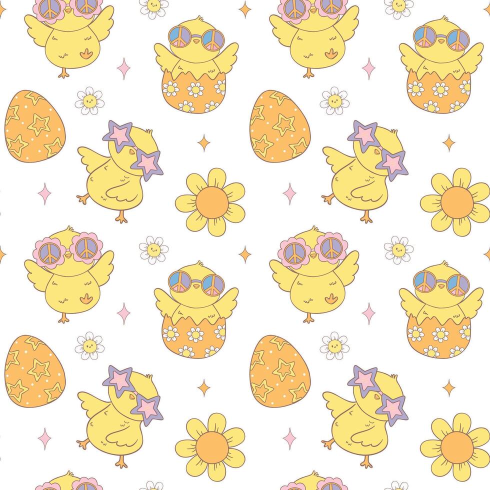 Festive Groovy Easter Pattern Seamless retro Chick collection in Playful animal doodle drawing isolated on white background. vector