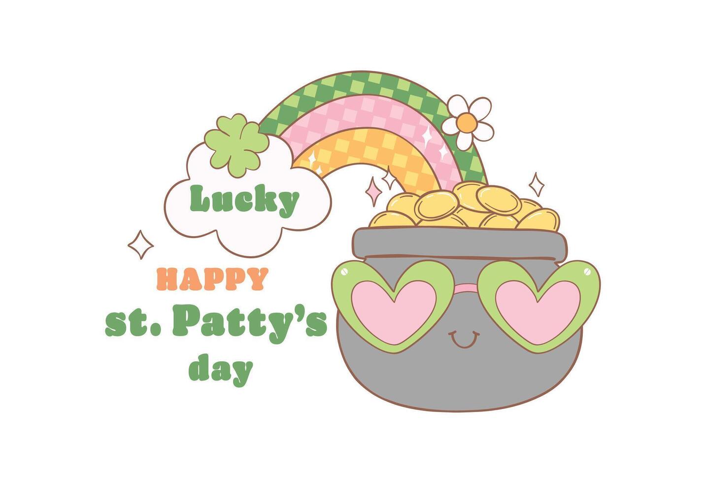 Groovy st patrick's day, st patty rainbow with clover leaves cartoon doodle drawing. vector