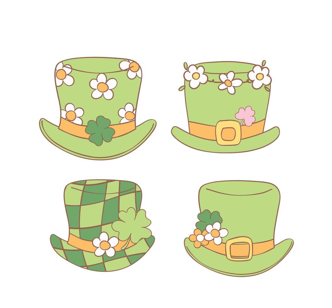 Groovy st patrick's day hat set cartoon doodle drawing. vector