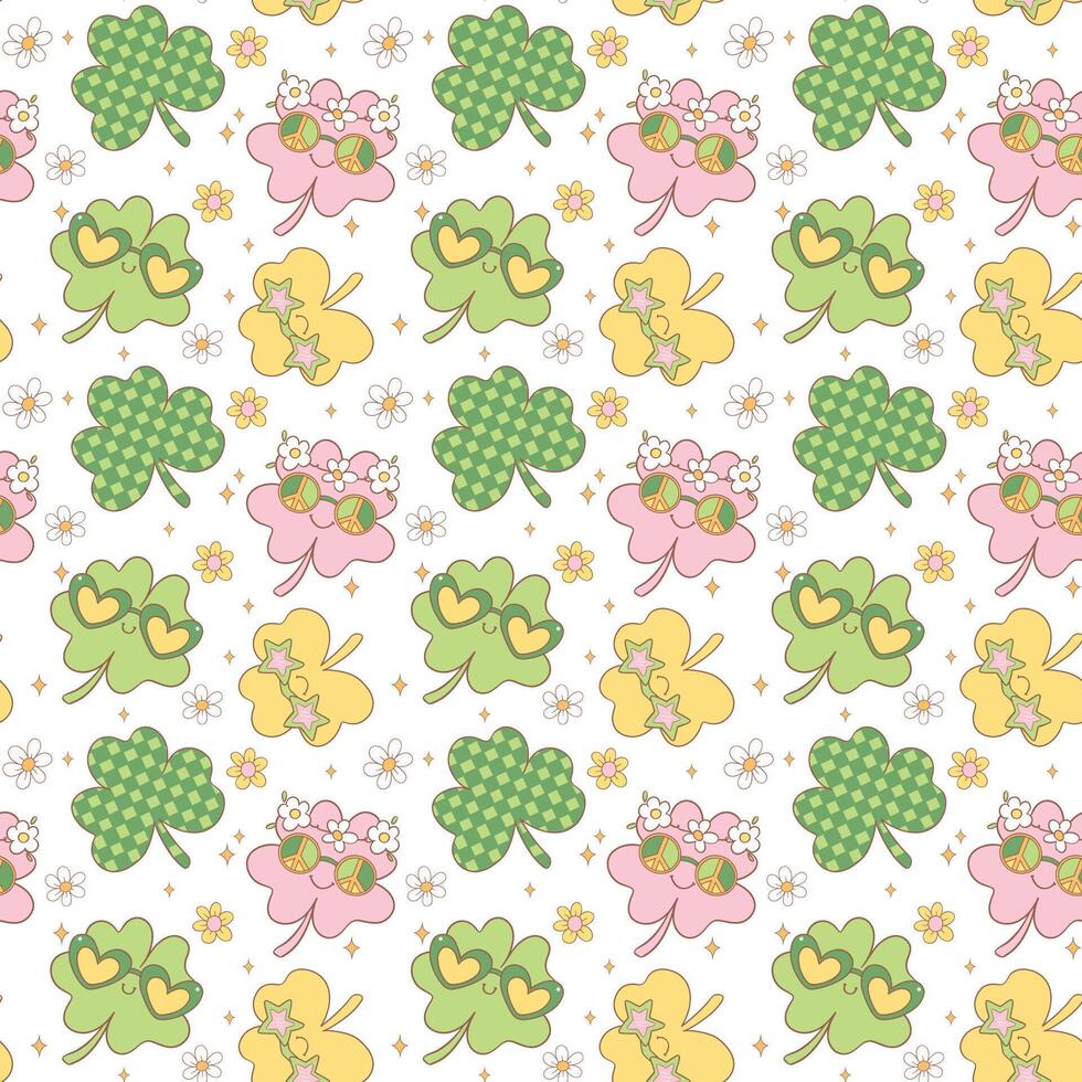 Groovy st patrick's day seamless pattern, cute retro cartoon doodle repeatable background vector