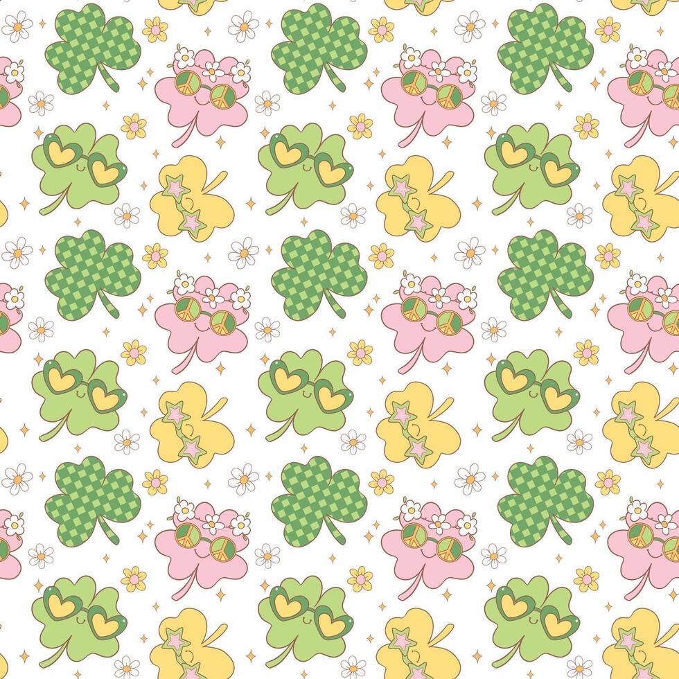 Groovy st patrick's day seamless pattern, cute retro cartoon doodle repeatable background vector