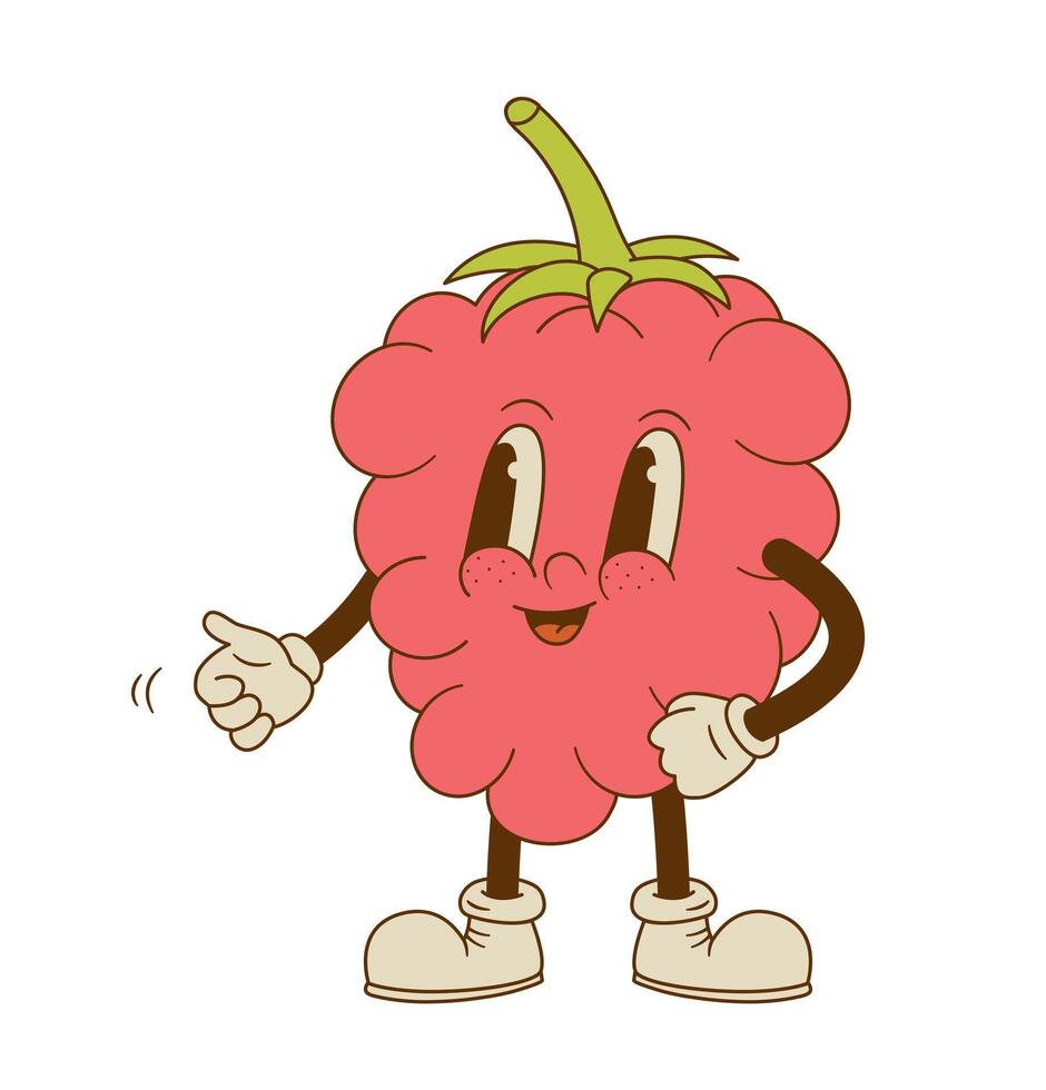 Cute raspberry mascot vector illustration. Funny retro cartoon berry fruit character on white background.