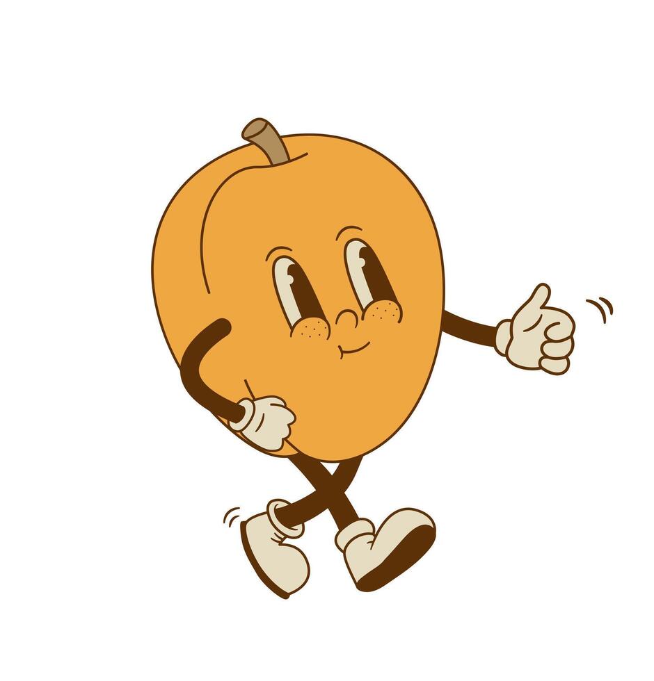 Funny apricot mascot isolated on white background. Smiling retro cartoon peach fruit character vector illustration.