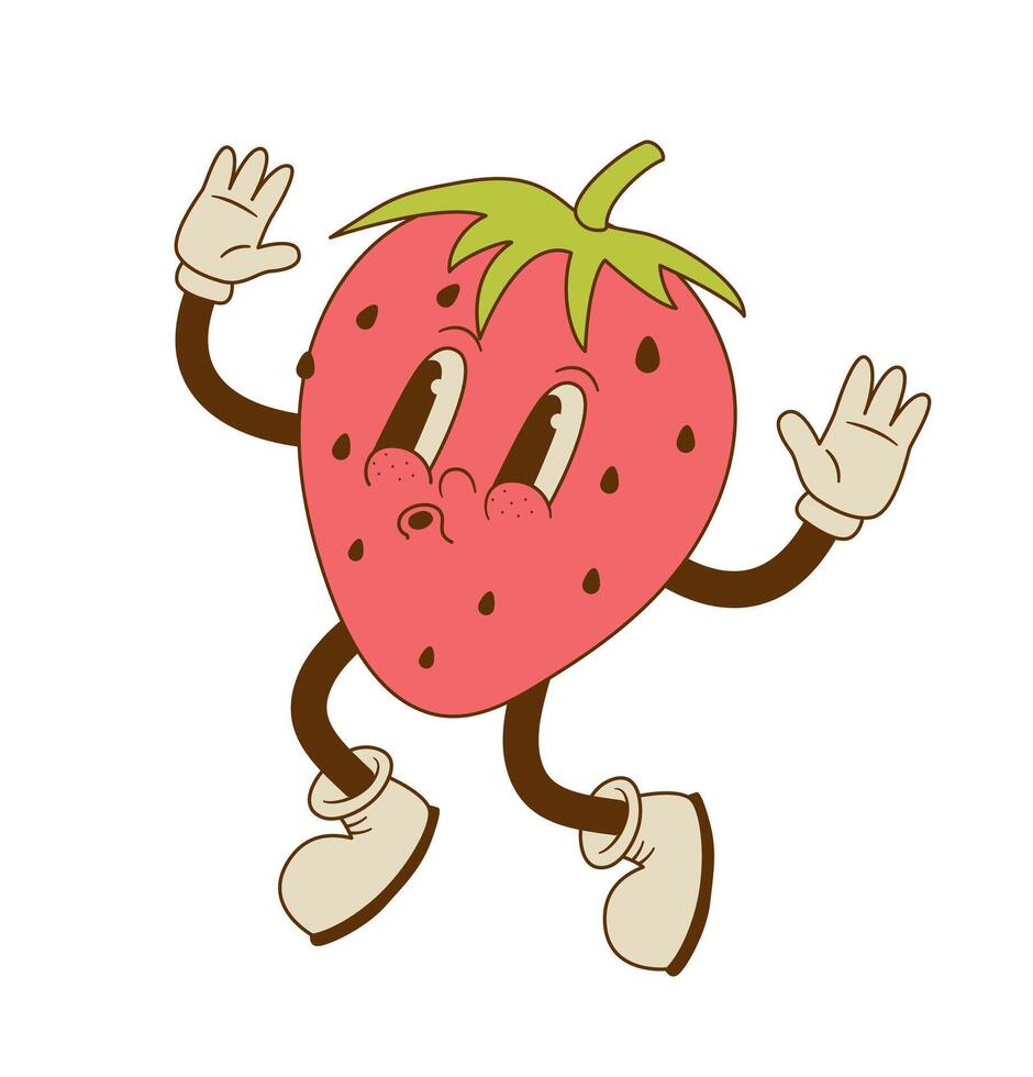 Vintage mascot of strawberry isolated on white background. Jumping retro cartoon berry fruit character vector illustration. Healthy vegan food