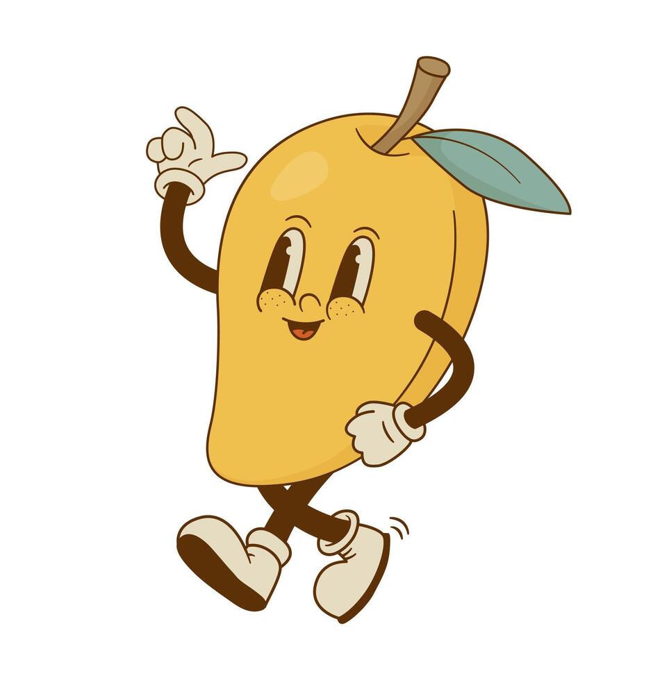 Happy mango mascot vector illustration. Funny retro cartoon fruit character on white background. Healthy food