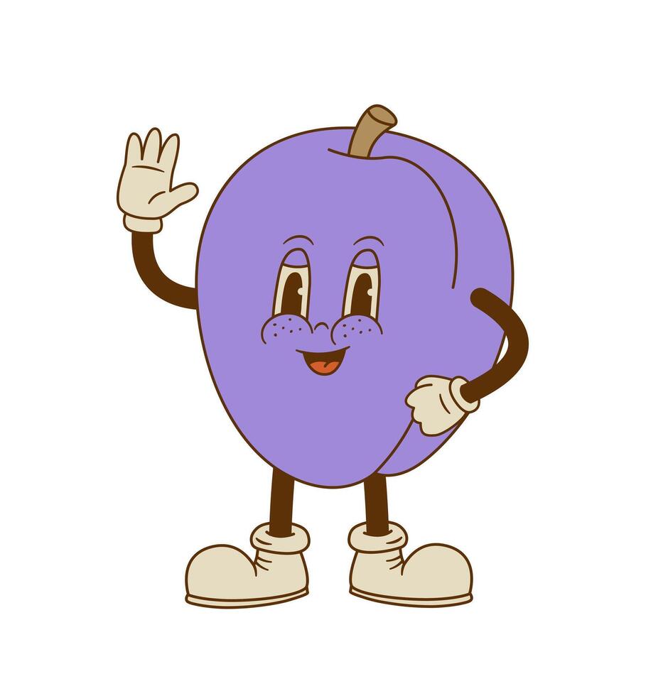 Cute plum mascot vector illustration. Funny retro cartoon fruit character on white background.